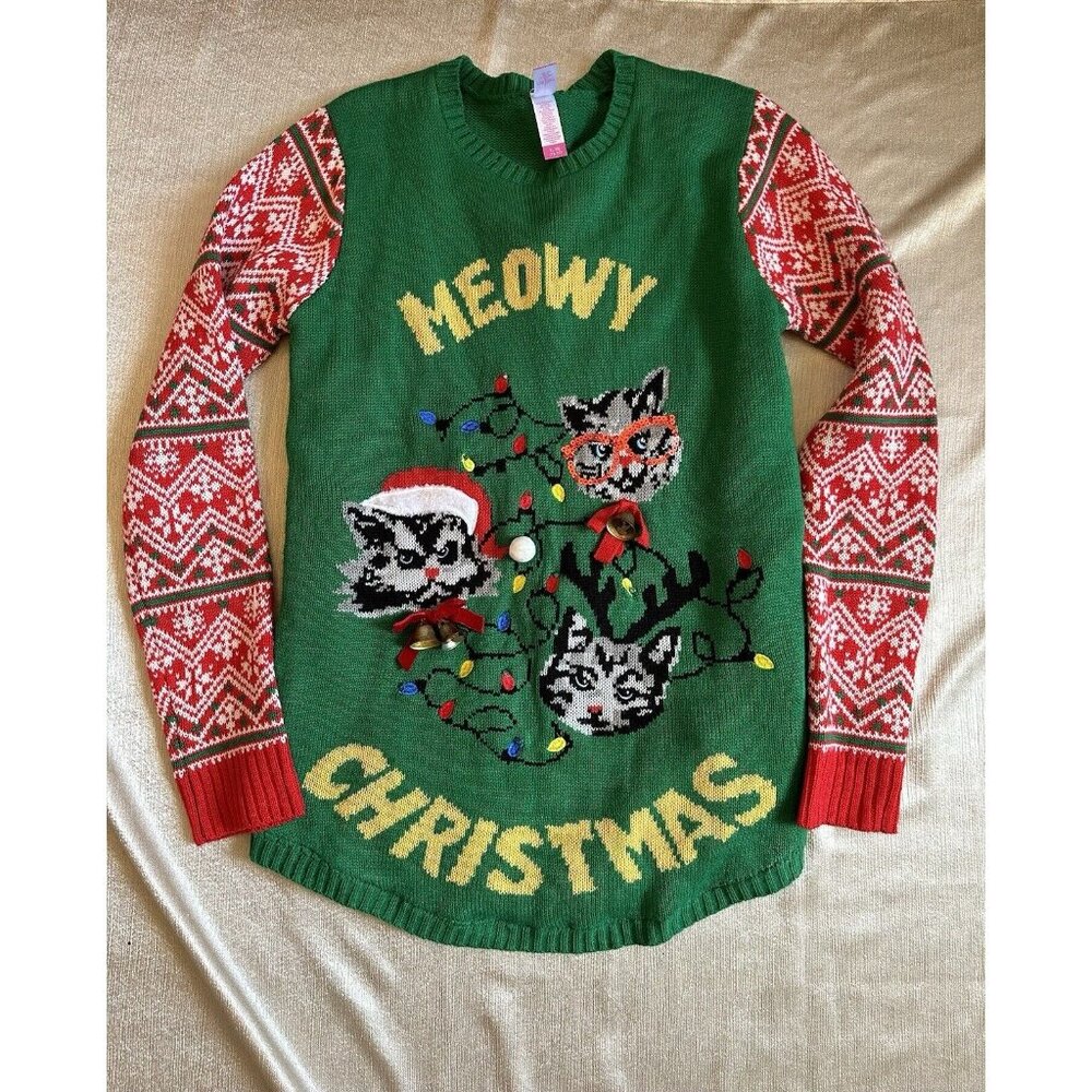NoBo Junior Women XL Ugly Christmas Sweater Meowy Christmas Santa Cat Holiday